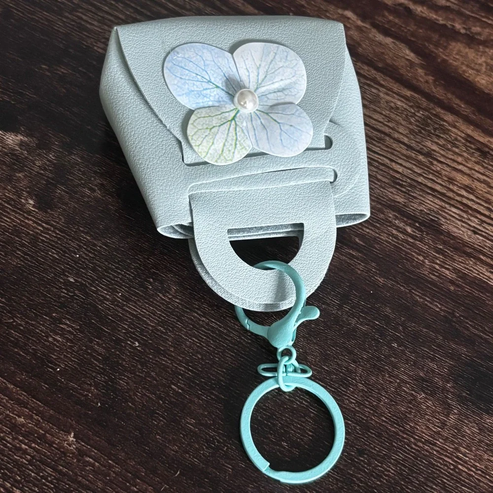 Green Blue Mini Handbag Keychain with Floral Pearl Detail Pouch Accessory
